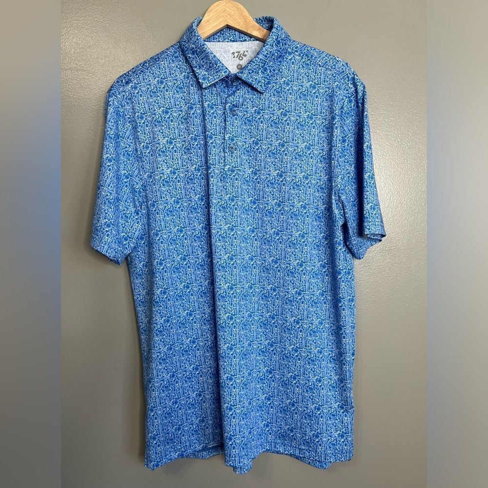1764 golf polo shirt‎ cigar dog Graphic collage wicking medium blue travel vaca